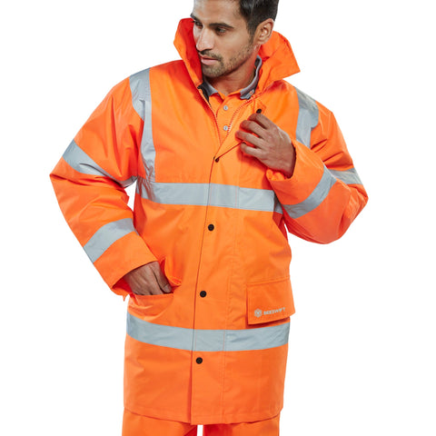 High-Visibility Orange Traffic Jacket | PU Coated Polyester | Quilted Lining with Heavyweight Polyester Filling | Concealed Hood