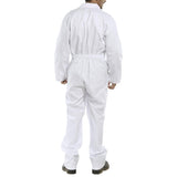 White Cotton Drill Boilersuit, 250gsm cotton, concealed studs, breast pocket with stud flap, elasticated waist, swing hip and rear pockets.