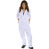 Cotton Drill Workwear Boilersuit - White, durable 250gsm cotton, concealed front studs, elasticated waist, multiple functional pockets.