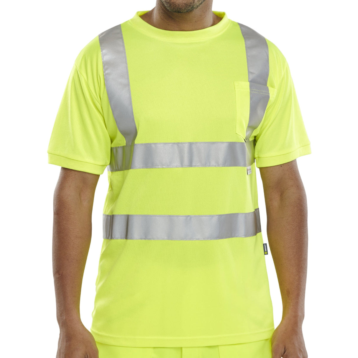 Saturn Yellow Crew Neck Hi-Vis Short Sleeve T-shirt: High Visibility Tee, 100% Bird Eye Polyester Fabric, Reflective Tape