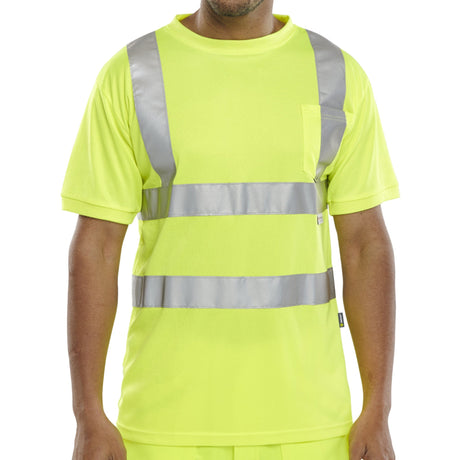 Saturn Yellow Crew Neck Hi-Vis Short Sleeve T-shirt: High Visibility Tee, 100% Bird Eye Polyester Fabric, Reflective Tape