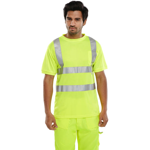 Saturn Yellow Crew Neck Hi-Vis Short Sleeve T-shirt: High Visibility Tee with 100% Bird Eye Polyester Fabric