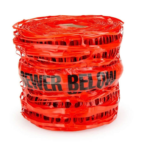 100m long sewer pipe detectable mesh made from high strength rot-resistant plastic. Includes detectable wire and printed warning. Highly visible red HDPE with 'CAUTION - BURIED SEWER PIPE'. Ideal for marking underground services.