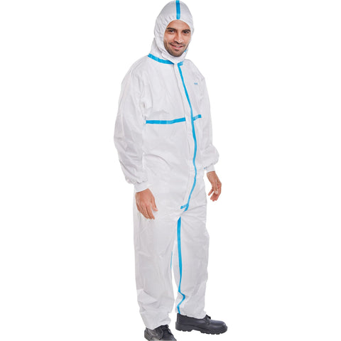 Disposable coverall, 60G microporous fabric, laminated, 2-way zip, elasticated, CE Type 4, 5 & 6, taped seams.