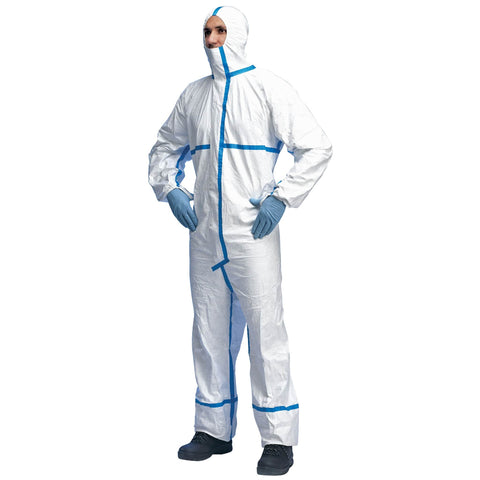 White Disposable Hooded Coverall with Adhesive Chin Flap | Robust & Lightweight | Elasticated Face, Wrist, and Ankles