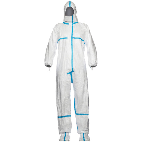 High-quality Disposable Hooded Coverall with Socks in White, featuring attached socks and boot flaps