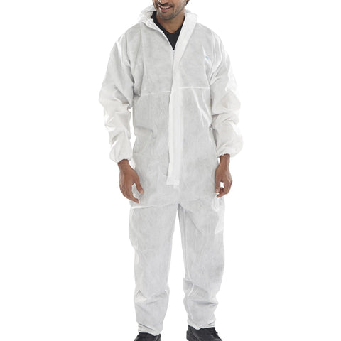 Protective coverall CE Type 5 & 6, 2-way zip, elasticated cuffs, ankles, waist, hood. Breathable fabric, EN certified.