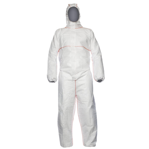 White Disposable SFR Coverall with 3 Piece Hood, offering premium protection against particles and liquid splash.