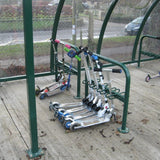 Double sided kids scooter rack offering secure storage for school playgrounds
