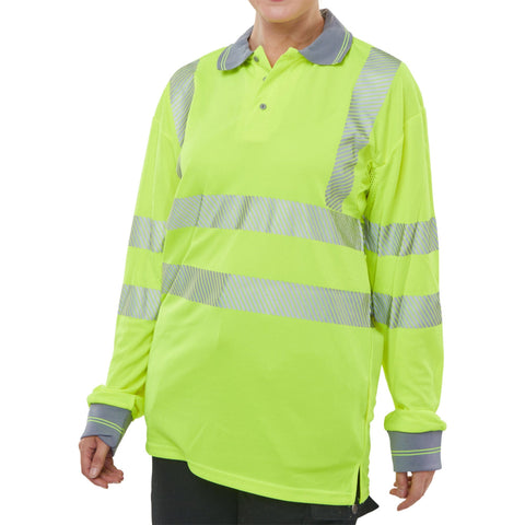 Saturn Yellow hi-vis long sleeve polo shirt, polyester Bird Eye fabric, UV protection, EN ISO20471 certified.