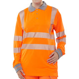 Hi-vis long sleeve rail polo shirt in orange, 100% polyester, UV protection, anti-bacterial, EN ISO20471 certified.