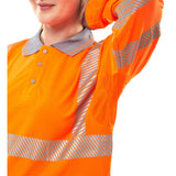 High-visibility executive orange polo shirt with polyester Bird Eye fabric, UV protection, and railway certification.