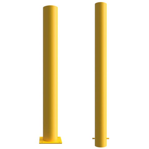 fixed-round-plain-yellow-bollard-crash-impact-high-anti-ram-vehicle-safety-perimeter-security-galvanised-steel-tested-heavy-duty-outdoor-street-furniture-pedestrian-modern-urban-public-space-carpark-building-protection-commercial-industrial