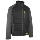 Black/Grey Flex Padded Jacket with Stand-Up Collar and Metal Zip Front.