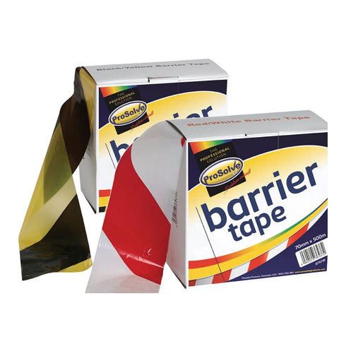 Diagonal Striped Barrier Tape - Red/White & Black/Yellow Zebra Tape - 70mm x 500m - Polyethylene Plastic - 30 Micron Thickness - Indoor and Outdoor Use - Non-Adhesive - Dispensing Box Included