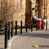 galvanised-steel-ornamental-bollard-spherical-cast-iron-cap-powder-coated-black-anti-parking-impact-protection-access-control-security-detterent-posts-bolt-down-ragged-flanged-concrete-in-durable-weather-resistant-rigid