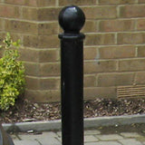 galvanised-steel-ornamental-bollard-spherical-cast-iron-cap-powder-coated-black-anti-parking-impact-protection-access-control-security-detterent-posts-bolt-down-ragged-flanged-concrete-in-durable-weather-resistant-rigid