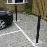 galvanised-steel-ornamental-bollard-spherical-cast-iron-cap-powder-coated-black-anti-parking-impact-protection-access-control-security-detterent-posts-bolt-down-ragged-flanged-concrete-in-durable-weather-resistant-rigid