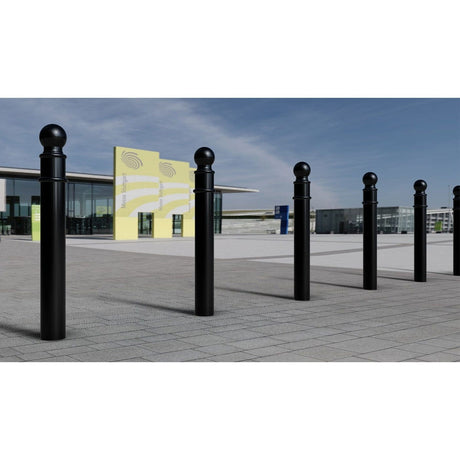 galvanised-steel-ornamental-bollard-spherical-cast-iron-cap-powder-coated-black-anti-parking-impact-protection-access-control-security-detterent-posts-bolt-down-ragged-flanged-concrete-in-durable-weather-resistant-rigid