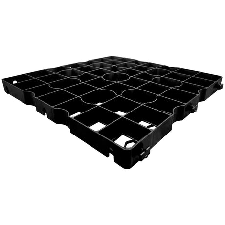Black recycled plastic driveway gravel grid tile, 500mm square, shown at an angle on a white background with slot and peg connectors visible