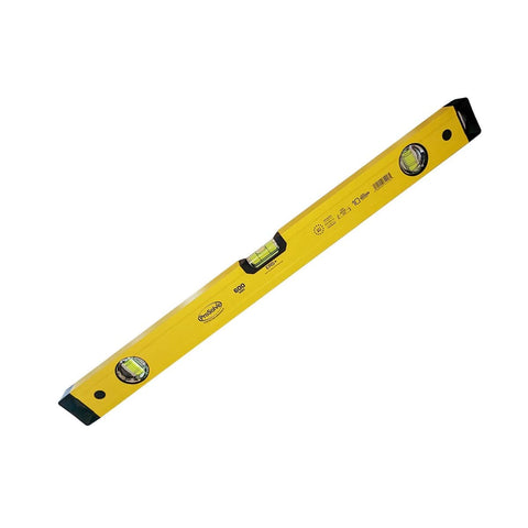 High-quality, shockproof 600mm aluminum spirit level in yellow color. Crafted from powder-coated box section aluminum for durability. Features vials made of acrylic glass, rubber end caps, and ESR (Easy Reading System).