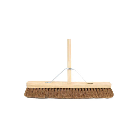 High-quality natural coco brush with bracket support for durability. Handle: 1300mm, Brush: 590mm (24"), Bristle Height: 80mm. Soft coco bristles for indoor/outdoor use. Ideal for quick cleaning and hard-to-reach areas. Support brackets enhance strength.