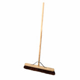 High-quality 24" broom with metal leg brace for stability. Stiff bassine bristles ideal for heavy-duty outdoor tasks. 1.2m (4 foot) FSC certified handle included. Suitable for indoor/outdoor use. Sustainable timber construction with metal braces for durability.