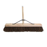 High-quality 24" broom with metal leg brace for stability. Stiff bassine bristles ideal for heavy-duty outdoor tasks. Includes 1.2m (4 foot) FSC certified handle. Natural bassine bristles for superior sweeping. Suitable for indoor/outdoor use. Sustainable timber construction with metal braces for durability.
