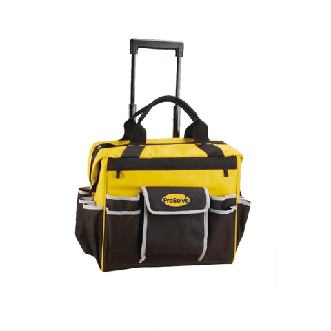 Black/Yellow Heavy-Duty Tool Bag with Wheels & Multiple Compartments - Durable Fabric - Waterproof Bottom - Ideal for Equipment Transport