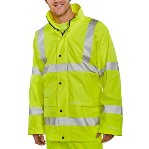 Enhance safety with our Hi-vis Breathable Pu Jacket in Saturn Yellow. Crafted from breathable fabric with polyester and PU coating, featuring a concealed hood and double storm flap. 