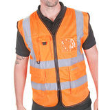 High-visibility orange executive mesh vest with ID pocket, polyester stretchy mesh fabric, EN ISO 20471 Class 2.