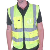 High-visibility saturn yellow executive mesh vest with ID pocket, polyester stretchy mesh fabric, EN ISO 20471 Class 2.