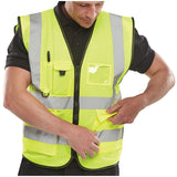 Hi-vis Executive Waistcoat/Vest with ID Pocket - Saturn Yellow, Polyester, Front Zip Fastening