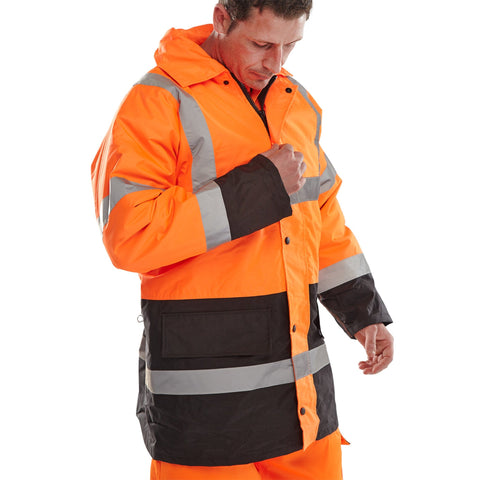 Hi-vis Fleece Lined Traffic Jacket with Concealed Hood - Orange / Black | PU Coated Polyester | Fleece Lined | Two-Way Zip