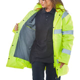 Hi-vis Fleece Lined Traffic Jacket Saturn Yellow | High Visibility Foulweather Jacket | PU Coated Polyester | Concealed Hood