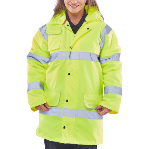 Hi-vis Fleece Lined Traffic Jacket Saturn Yellow | High Visibility Foulweather Jacket | PU Coated Polyester | Fleece Lining | Concealed Hood