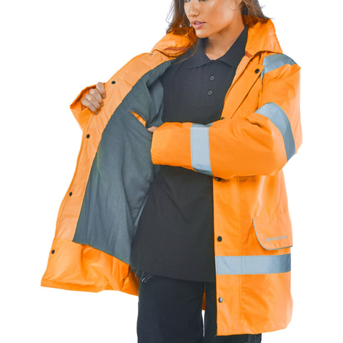 Hi-vis Fleece Lined Traffic Jacket Orange | High Visibility Foulweather Jacket | PU Coated Polyester | Fleece Lined | Concealed Hood