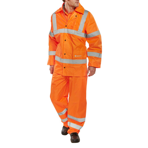 Hi-vis Lightweight Waterproof Suit Orange. PVC coated 150D polyester. Concealed hood. 