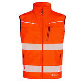 High visibility orange softshell rail bodywarmer with reflective tape