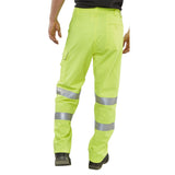 High visibility Saturn Yellow Poly Cotton Trousers, designed for durability with Teflon treatment and triple sewn seams. Ideal for workwear with 3M Scotchlite tape.