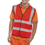 High visibility red polyester waistcoat with retro-reflective tape, EN ISO 20471Class 2 compliant. Ideal for safety and visibility in diverse work environments.