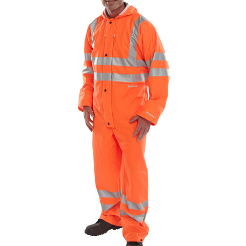 Hi-vis PU Breathable Coverall Orange - Polyester PU Coating, Drawcord Hood, Zip Front, Elastic Storm Cuffs, Studded Ankles