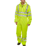 Hi-vis PU Breathable Coverall Saturn Yellow - Polyester PU Coating, Drawcord Hood, Zip Front, Elastic Storm Cuffs, Studded Ankles