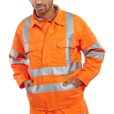 Hi-vis Railspec Jacket Orange with 280gsm 80-20 Polyester cotton blend, Teflon coated for enhanced soil release.