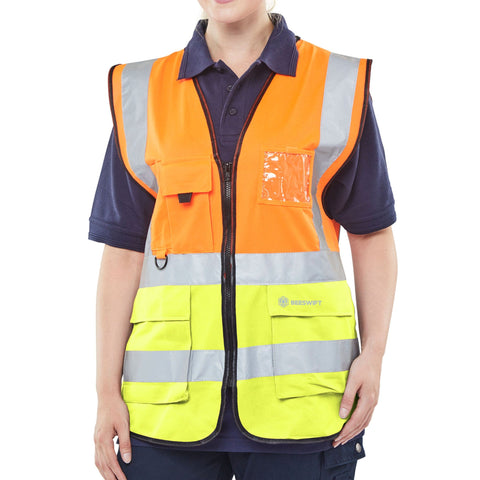 Hi-vis Two Tone Executive ID Waistcoat/Vest - Orange/Saturn Yellow, 100% Polyester, front zip fastening