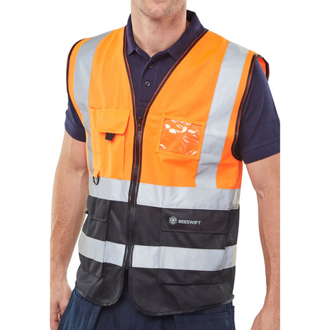 Hi-vis Two Tone Executive Waistcoat with ID Pocket - Orange/Black, polyester construction, front zip fastening