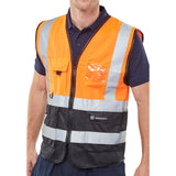 Hi-vis Two Tone Executive Waistcoat with ID Pocket - Orange/Black, polyester construction, front zip fastening