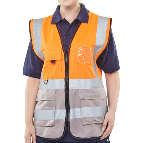 Hi-vis Two Tone Executive Waistcoat with ID Pocket - Orange/Grey, polyester construction, front zip fastening