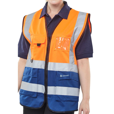 Hi-vis Two Tone Executive Waistcoat with ID Pocket - Orange/Navy Blue, polyester construction, front zip fastening