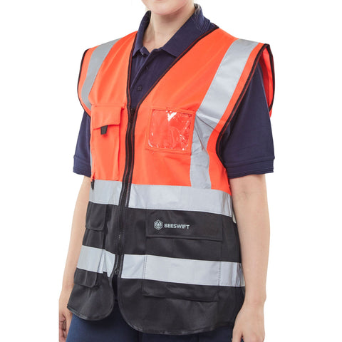 Hi-vis Two Tone Executive Waistcoat with ID Pocket - Red/Black, polyester construction, front zip fastening